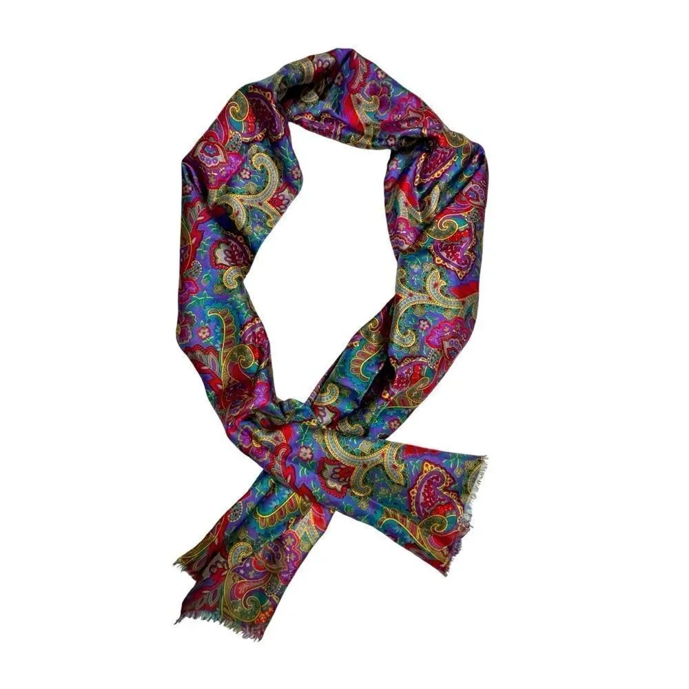 Vintage Greens and Pinks Paisley Silk long trimmed scarf